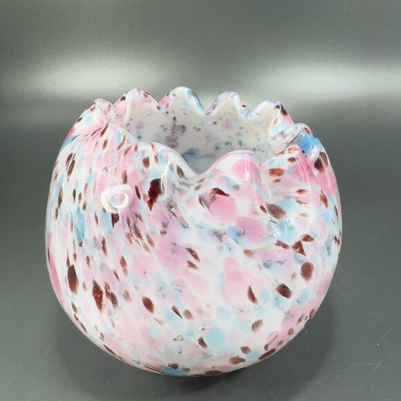 Czech Art Glass Rose Bowl Dish Hand Blown Multicolor Spots Bowl Ruffled Edges - Picture 11 of 14